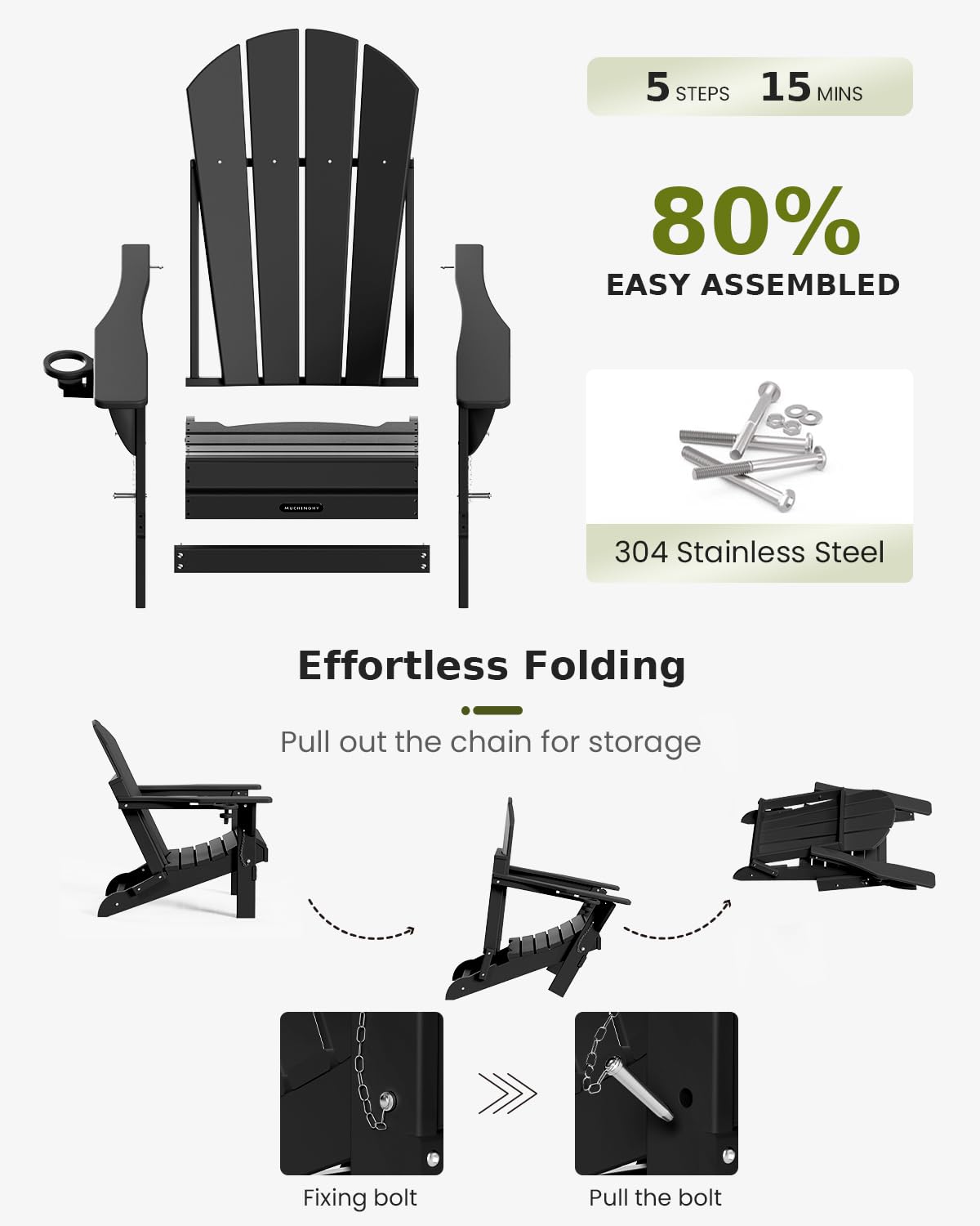 MUCHENGHY Folding Adirondack Chairs, Patio Chairs, Fire Pit Chairs, Outdoor Chairs, Plastic Adirondack Chairs, Lawn Chairs Weather Resistant with Cup Holder for Deck, Backyard, Garden(Black) MUCHENGHY