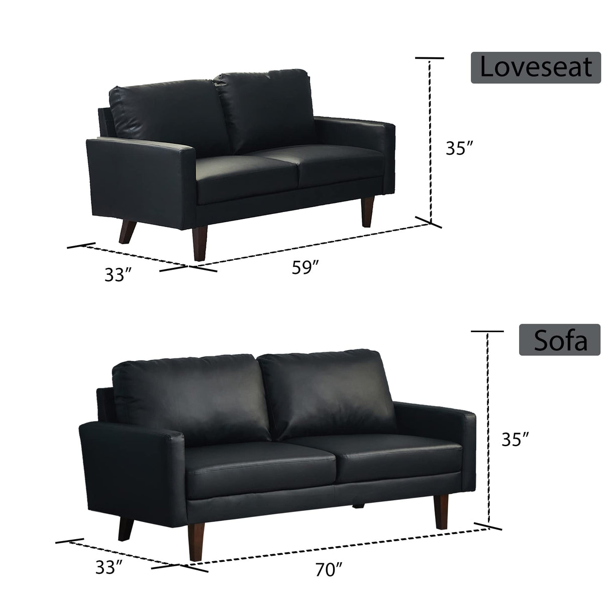 INSTORY Leather Sofa Modern Couch with Wooden Legs for Living Room, Office - Black INSTORY