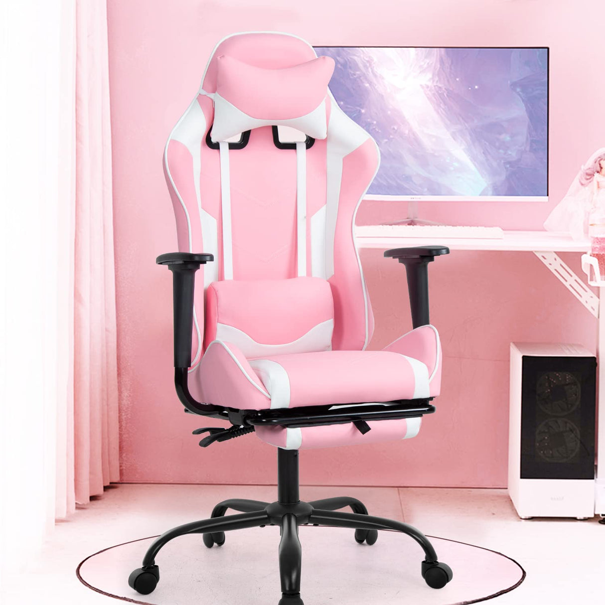 PC Gaming Chair Desk Chair Ergonomic Office Chair Executive High Back PU Leather Racing Computer Chair with Lumbar Support Footrest Modern Task Rolling Swivel Chair for Women Men Girls Adults, Pink BestOffice