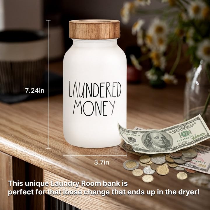 Laundry Room Bank Coin Jar Laundry Room Decor Rustic Country Farmhouse Home Decor Mason Jar with Wooden Top Funny Laundered Money Tip Jar Piggy Bank Onzbala