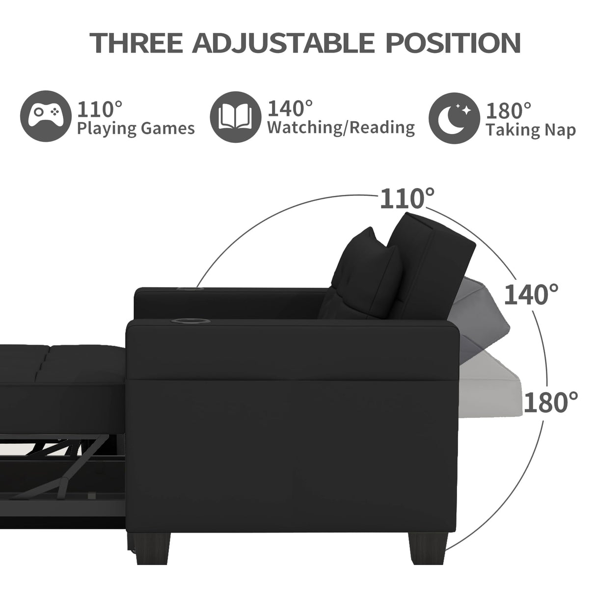 DURASPACE 39 inch Futon Chair Bed Convertible Chair 3-in-1 Pull Out Sleeper Reading Chair Beds with USB, Armchair Sleeper Bed for Living Room, Dorm, Small Space (Black Faux Leather) DURASPACE