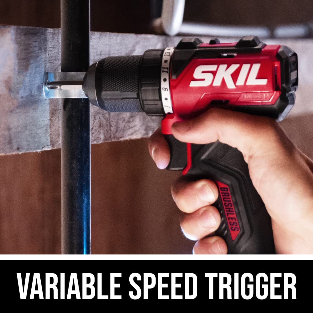 SKIL PWR CORE 12 Brushless 12V 1/2 In. Compact Varible-Speed Drill Driver Kit with 1/2'' Single-Sleeve, Keyless Chuck & LED Worklight Includes 2.0Ah Battery and PWR JUMP Charger - DL6290A-10 Skil