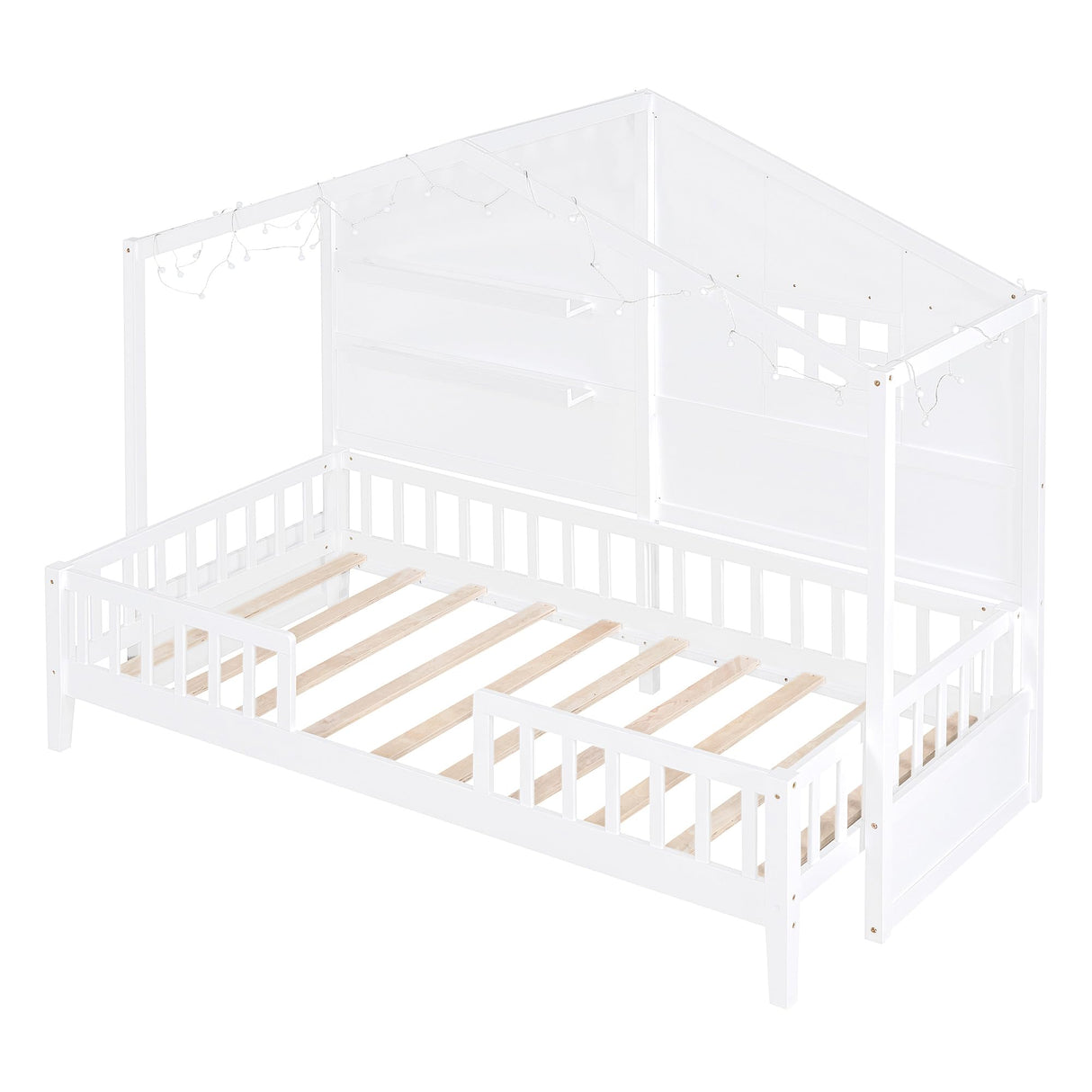 SOFTSEA Twin Size Low Loft House Bed with Shelves and Sparkling Light Stripe SOFTSEA