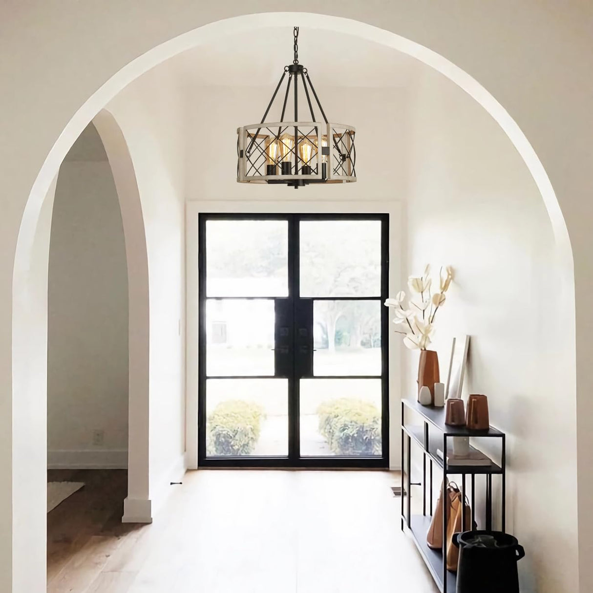 SANTOSTOCK D19'' Farmhouse Chandelier, 4-Light Adjustable Dining Room Light Fixture Kitchen Island Lighting, Rustic Hanging Lights for Entryway Foyer Bedroom Living Room, Black & White Oak SANTOSTOCK