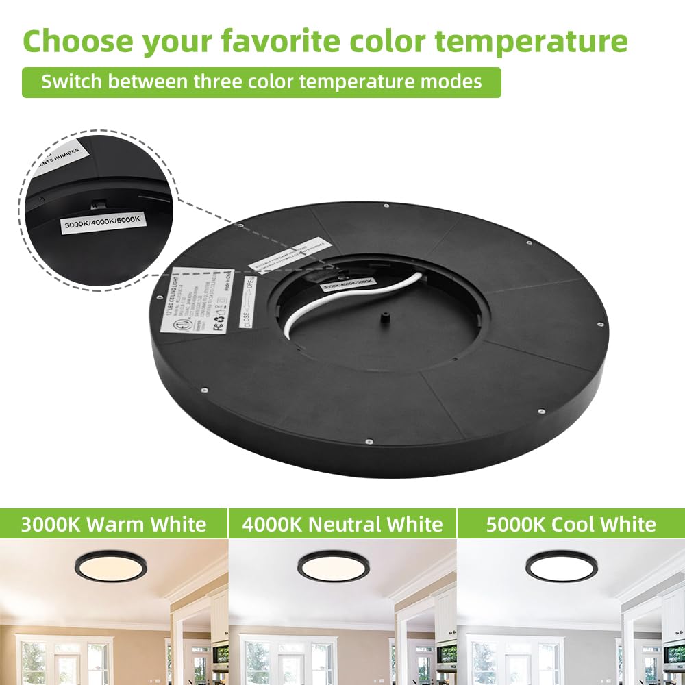 hykolity 12 Inch Selectable CCT LED Round Flat Panel Light, 24W 3000K/4000K/5000K, Edge-Lit Flush Mount Ceiling Light Fixture for Kitchen, Bedroom, Laundry and Closet Room,Black hykolity