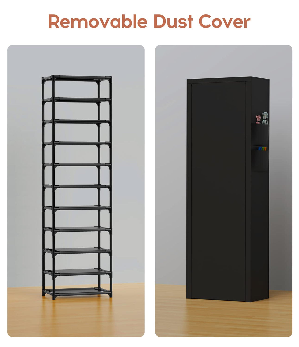 VTRIN Narrow Shoe Rack with Covers 10 Tiers Tall Shoe Rack for Closet Entryway Sturdy Shoe Rack Organizer Holds 20-22 Pairs Free Standing Shoe Storage Cabinet with Dustproof Cover Shoe Shelf VTRIN