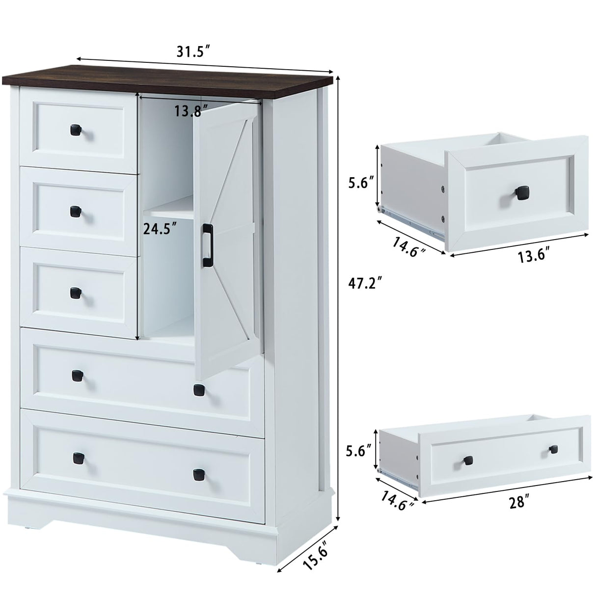 SOOWERY Dresser for Bedroom, Farmhouse Dresser with 5 Wooden Drawers and Storage Cabinet, 48 Inches Tall Chest of Drawers for Bedroom, Living Room, Hallway, White SOOWERY