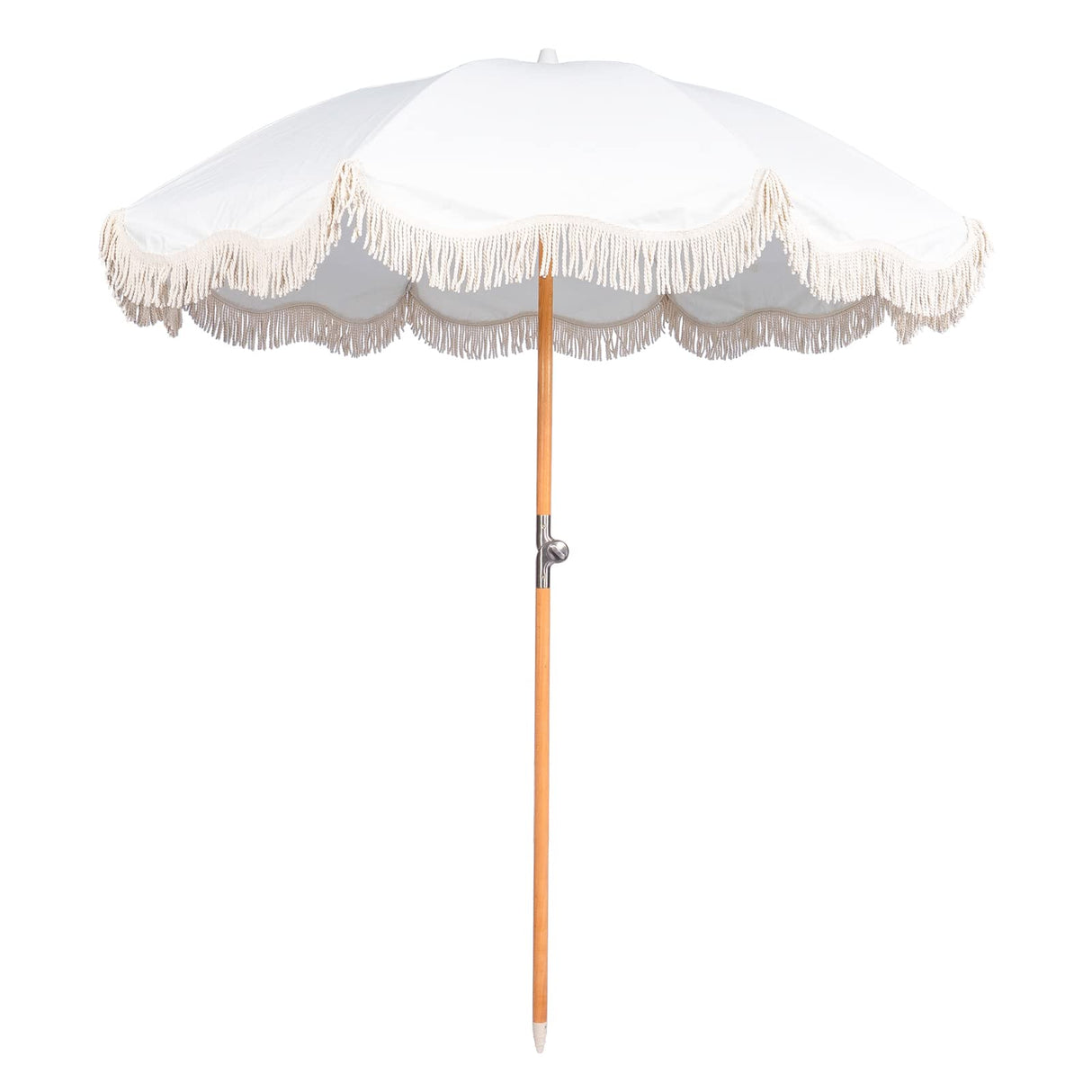 Funsite 6.5ft Boho Beach Umbrella with Fringe, UPF 50+ Tassel Umbrellas with Carry Bag, Premium Wood Pole Foldable Patio Umbrella for Outdoor Holiday Garden Lawn Pool Yard Table, White Funsite