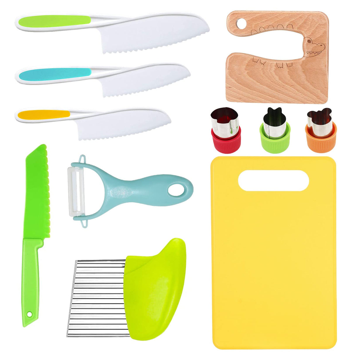 RISICULIS 11 Pieces Wooden Kids Kitchen Knife, Kids Knife Set Include Wood Kids Knife, Serrated Edges Plastic Toddler Knife, Crinkle Cutter, Sandwich Cutter, Y Peeler, Cutting Board RISICULIS