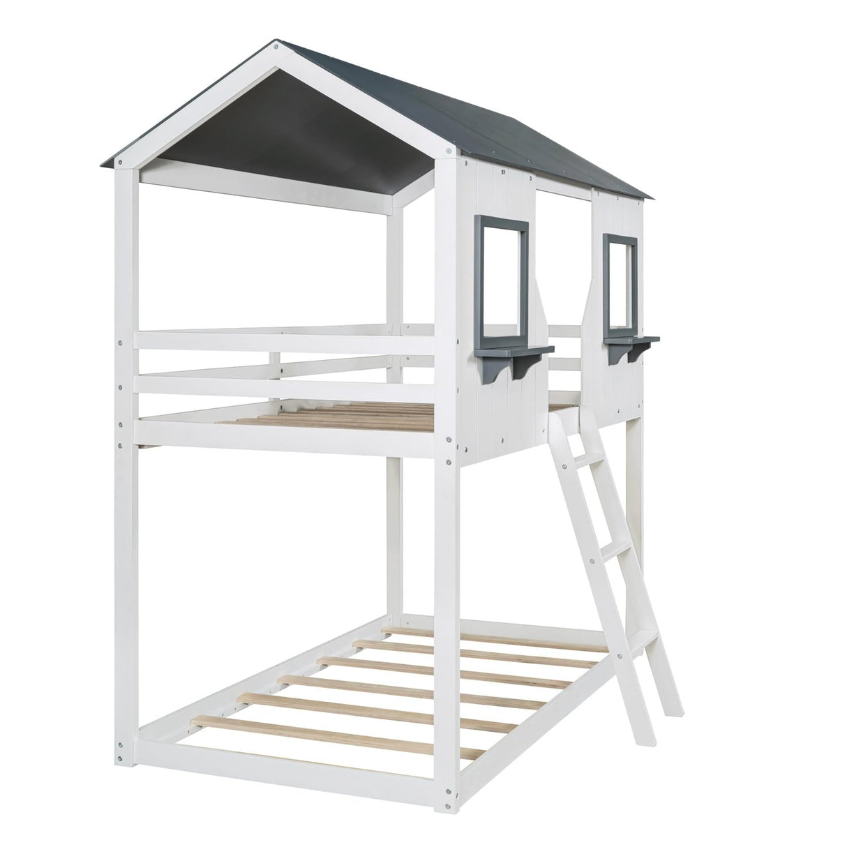 Polibi Twin Over Twin Low Bunk Bed, Wooden House Bed with Roof, 2 Front Windows, 2 Small Shelves, Ladder and Guardrail, White Polibi