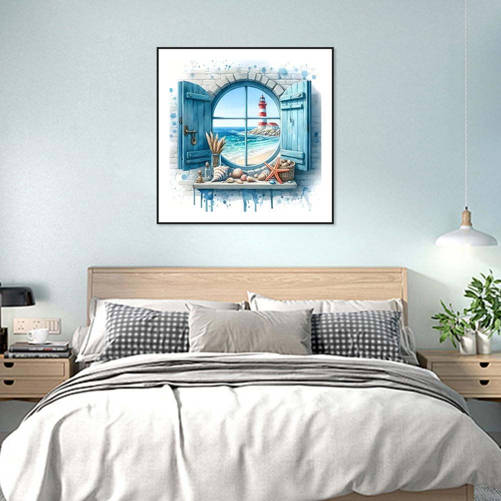 FHBUBPUP Beach Diamond Painting Kits for Adults, Lighthouse Diamond Art Kits for Beginners, 5D DIY Full Drill Round Diamond Point Gem Art, Craft Gift Suitable for Home Wall Decoration 12×12Inch FHBUBPUP