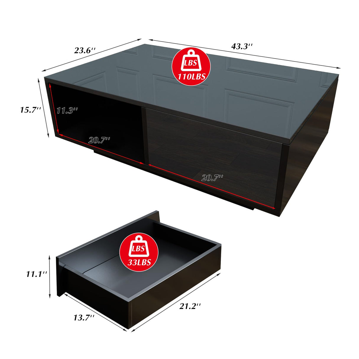 COSVALVE 43.3IN LED Black Coffee Tables for Living Room with 16 Colors LED Lights Modern Coffee Table with Storage Drawer Rectangle Center Table for Home Furniture COSVALVE