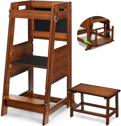 TOETOL Bamboo Toddler Step Stool Learning Kitchen Stool Standing Tower for Toddler Kitchen Counter Helper Stool 3 Height Adjustable with Activity Chalkboard and Whiteboard Message Boards,Non-Slip Mat