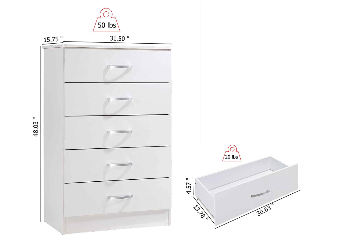 HODEDAH 5 Drawer Wood Dresser for Bedroom, Chest of Drawers with Metal Rails for Support when Storing Clothing, White Hodedah