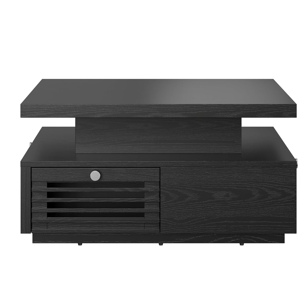 IRONCK Coffee Table with LED Light and Charging Station, 4 Storage Drawers with Grille Design, Square Coffee Table for Living Room Office Reception Room (Black) IRONCK