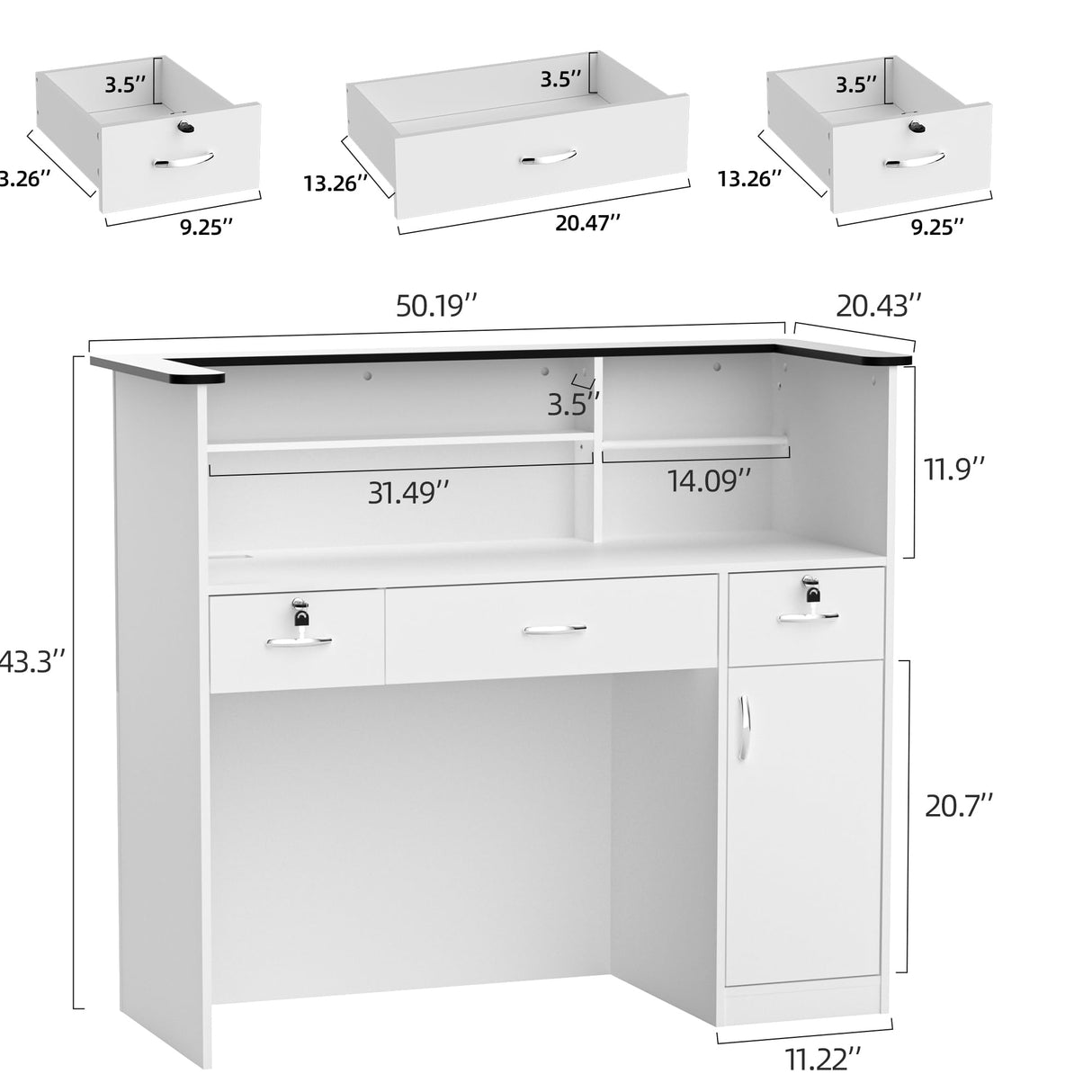 OUTGUAVA Modern Front Desk & Reception Desk with LED Lighting, 50-inch Retail Counter with Power Socket, DIY Stripe for Checkout, Lobby, Salon, Offices - White OUTGUAVA