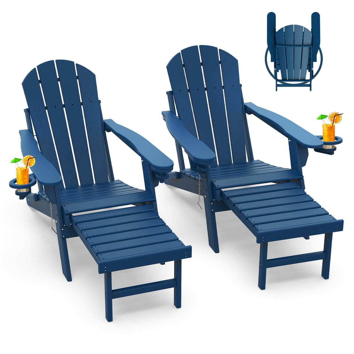 GREENVINES Adirondack-Chairs-with-Ottoman | Set of 2 | Folding | Retractable-Footrest | HDPE Plastic | All Weather Fire Pit Chair | Cup Holders | Blue | for Outdoor Poolside GREENVINES