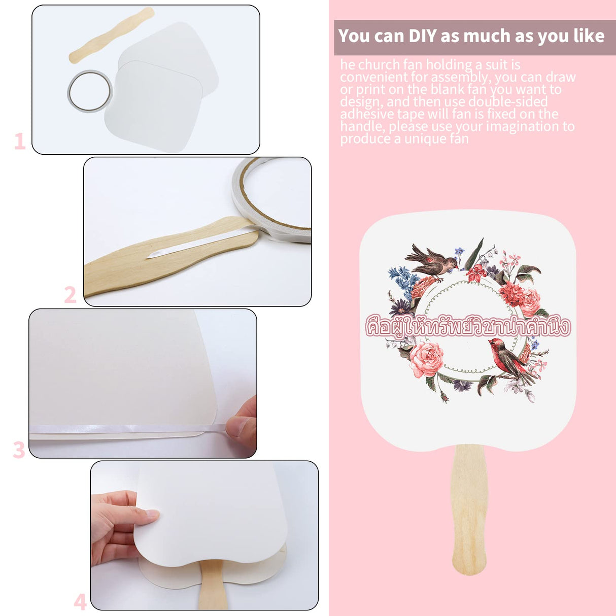 Fansunta 30 Pieces Church Fans Handheld Set, Including Fan Handle Craft Sticks Wavy Wooden Sticks, Blank White Cardstock, Double Sided Tape Church Fans for DIY Crafting Painting Fansunta