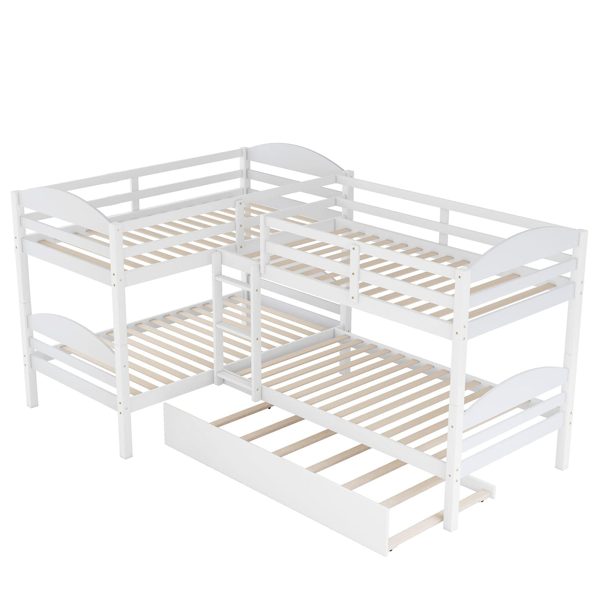 Bellemave Quad Bunk Bed with Trundle L-Shape Bunk Bed Twin Over Twin Corner Bunk Bed for 4 or 5 Kids Boys Girls Teens, White Bellemave