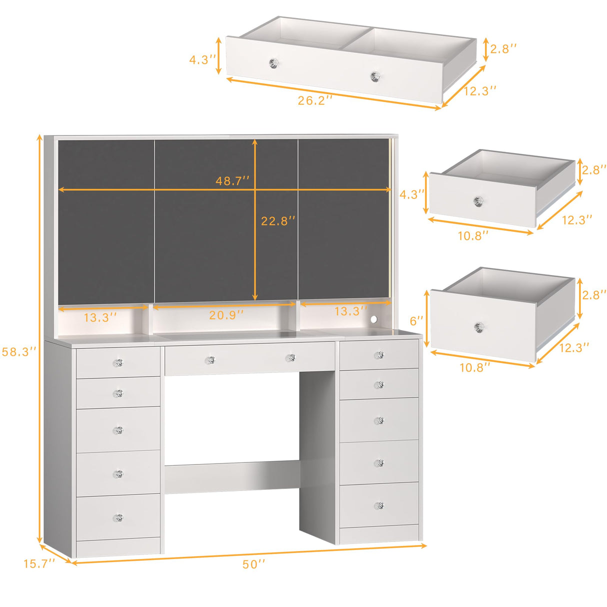 Vanity Desk with Mirror and Lights, 50" Makeup Vanity with Glass Top & Power Outlet, White Vanity with 11 Drawers & 8 Hidden Storage Shelves, 3 LED Lighting Modes Adjustable for Bedroom HUAHUU