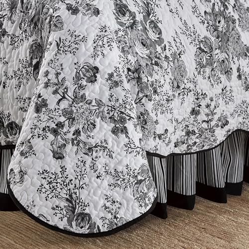 Wonderful 100% Cotton Black Floral Quilt Set Queen Size Bedding Sets with Pillow Shams and Bed Skirt, 4 Pieces Floral Bedspread Coverlet Set, Quilted Blanket Bed Cover for All Season, 88"x90" Wonderful