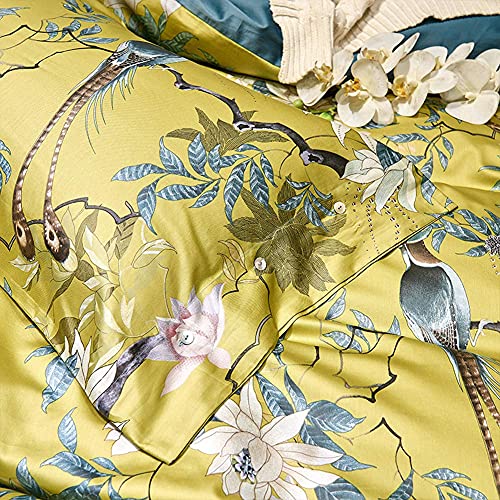 mixinni Garden Style Cotton Flowers and Birds Pattern Printed Duvet Cover Reversible Design Peacock Blue 3 Piece Bedding Duvet Set with Zipper Closure, Perfect for Him and Her-Queen Size mixinni