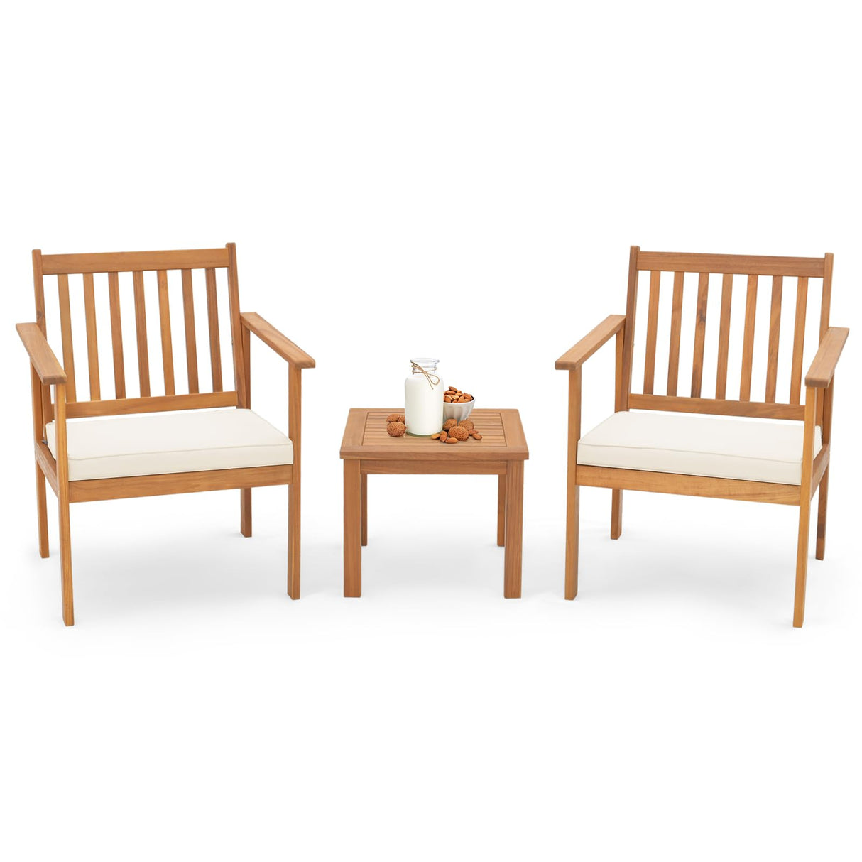 Tangkula 3 Pieces Patio Wood Furniture Set, Acacia Wood Chairs and Coffee Table Set with Soft Cushions, Slatted Design, Outdoor Furniture Set for Porch, Yard, Balcony (White) Tangkula