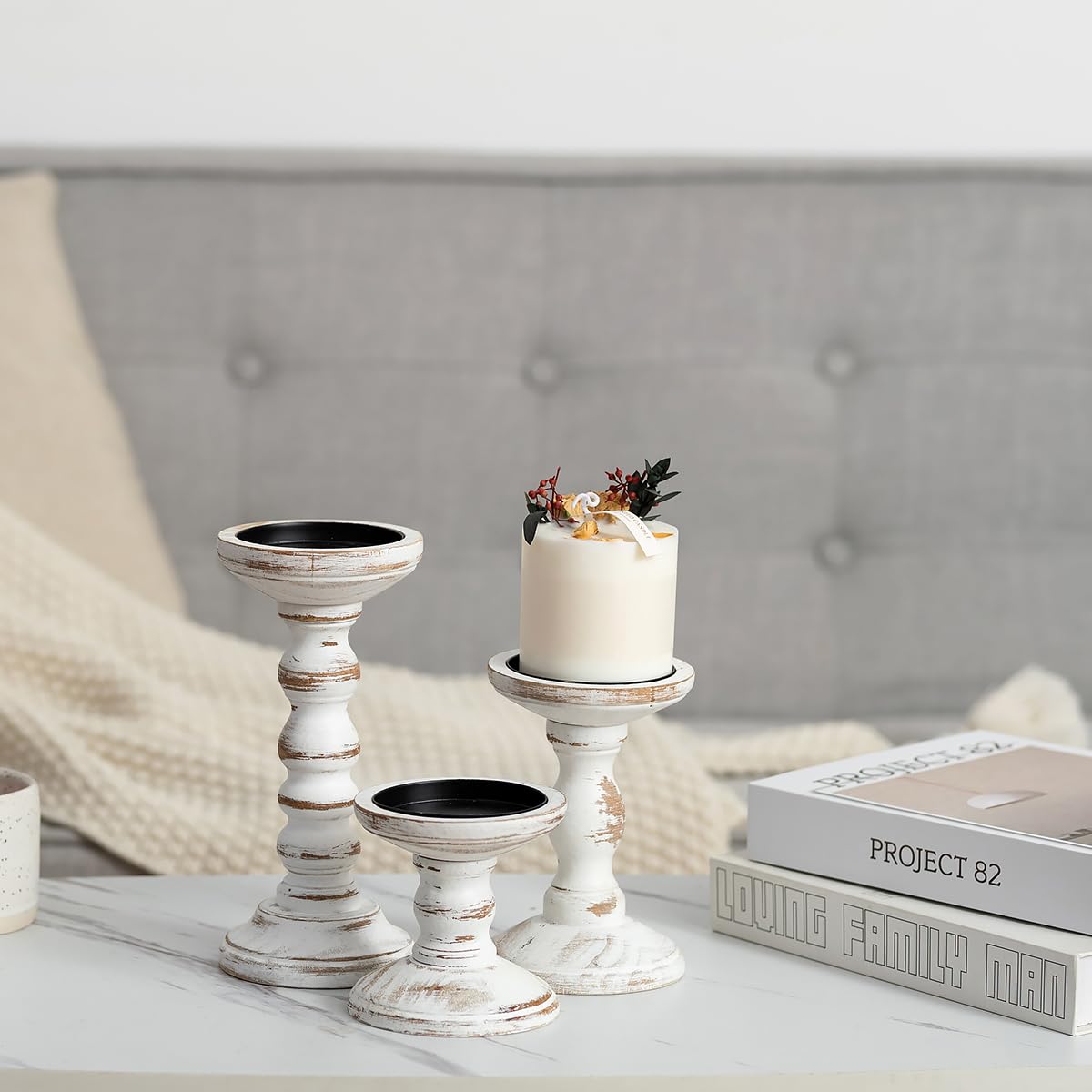 Romadedi Wood Candle Holders for Pillar Candles - Set of 3 Tall Farmhouse Wooden Candlestick Holder, Rustic Candle Stand for Fireplace Mantle Shelf Table Home Decor, Brown Whitewashed 3.9"/6"/ 8.3" Romadedi