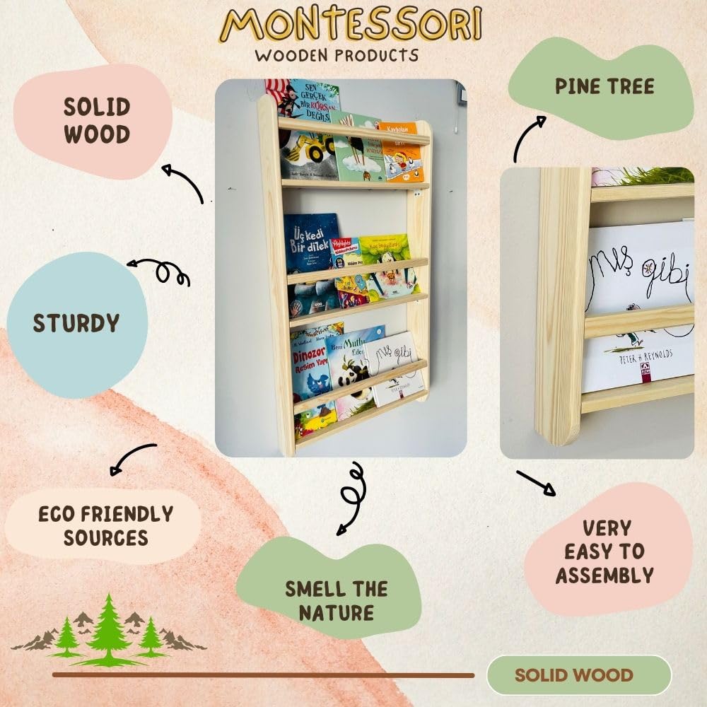 Furpinea Handmade 3-Tier Natural Wood Montessori Wall-Mounted Kids Bookshelf Furpinea