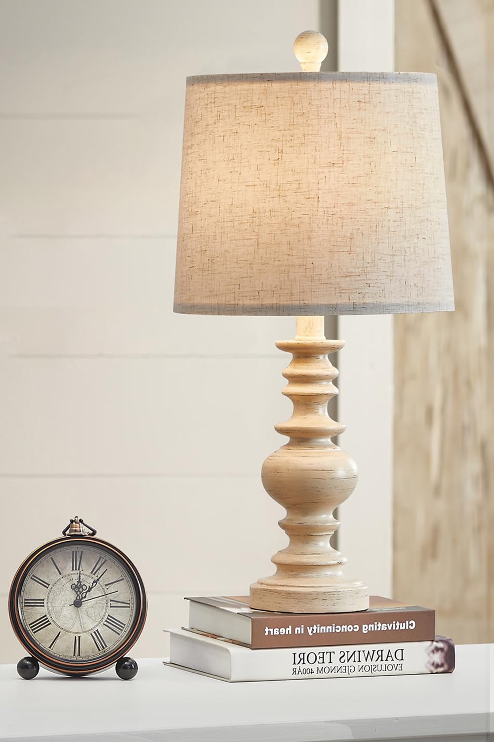 BOBOMOMO Resin 20.5" Farmhouse Lamps for Bedrooms Retro Side Table Lamps Bedside Lamp for Side Nightstand Living Room(Old-White) BOBOMOMO