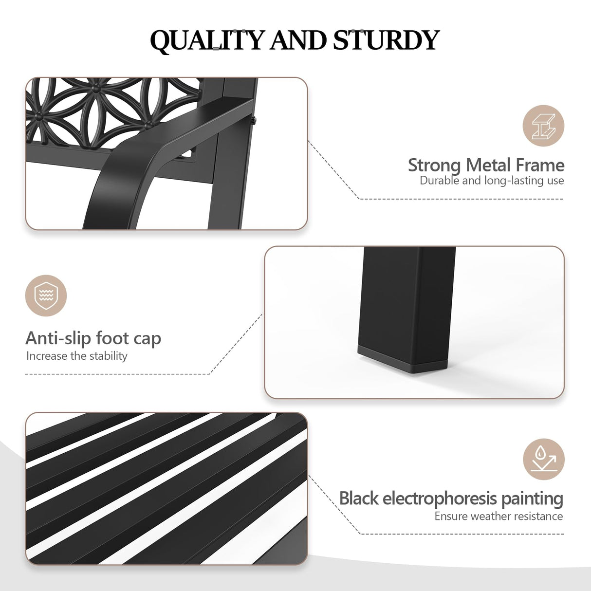 VINGLI 50" Outdoor Bench Metal with Floral Back, Garden Bench Front Porch Benches for Yard Patio Entryway Park Outside, 800lb Capacity - Black VINGLI