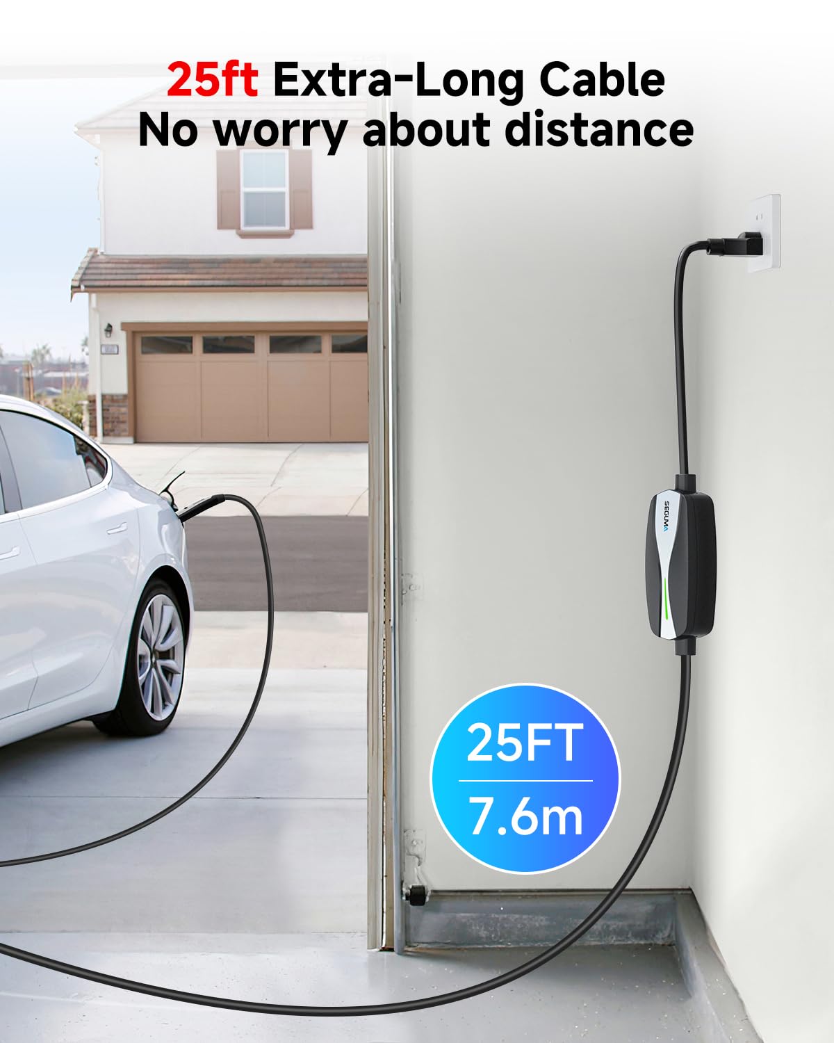 Level 1/2 EV Charger for Tesla, 16A Electric Car Mobile Charger for Tesla 25ft Cable with 240V NEMA 6-20 Plug, 120V NEMA 5-15 Adapter, NACS Connector, Home Portable Wall Charger for Tesla ModelY/3/S/X SEGUMA