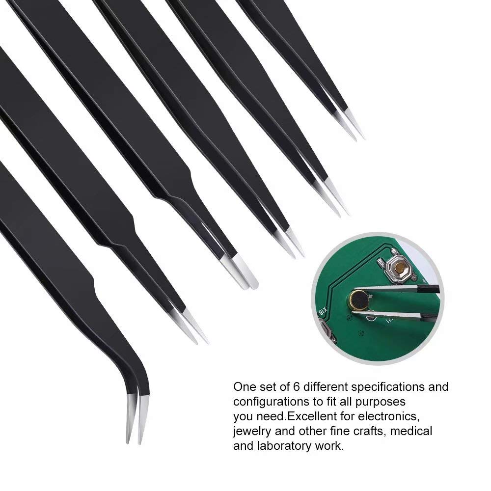 6PCS Precision Tweezers Set, Upgraded Anti-Static Stainless Steel Curved of Tweezers, for Electronics, Laboratory Work, Jewelry-Making, Craft, Soldering, etc, by kaverme. kaverme