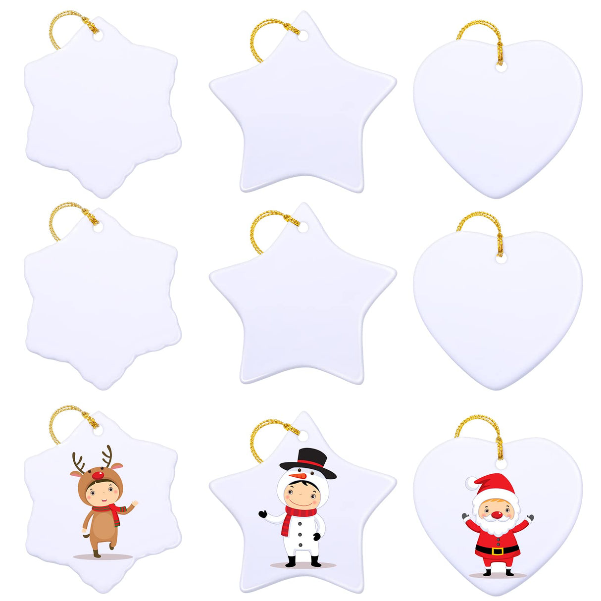 6 Pieces Sublimation Ceramic Ornament Blanks Christmas Snowflake Ceramic Ornament with Golden Ribbon Heart Hanging Decorations Personalized Sublimation Pendant for Crafting DIY Christmas Tree Decor WILLBOND