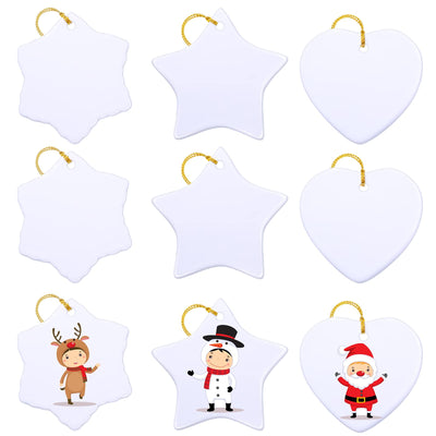 6 Pieces Sublimation Ceramic Ornament Blanks Christmas Snowflake Ceramic Ornament with Golden Ribbon Heart Hanging Decorations Personalized Sublimation Pendant for Crafting DIY Christmas Tree Decor