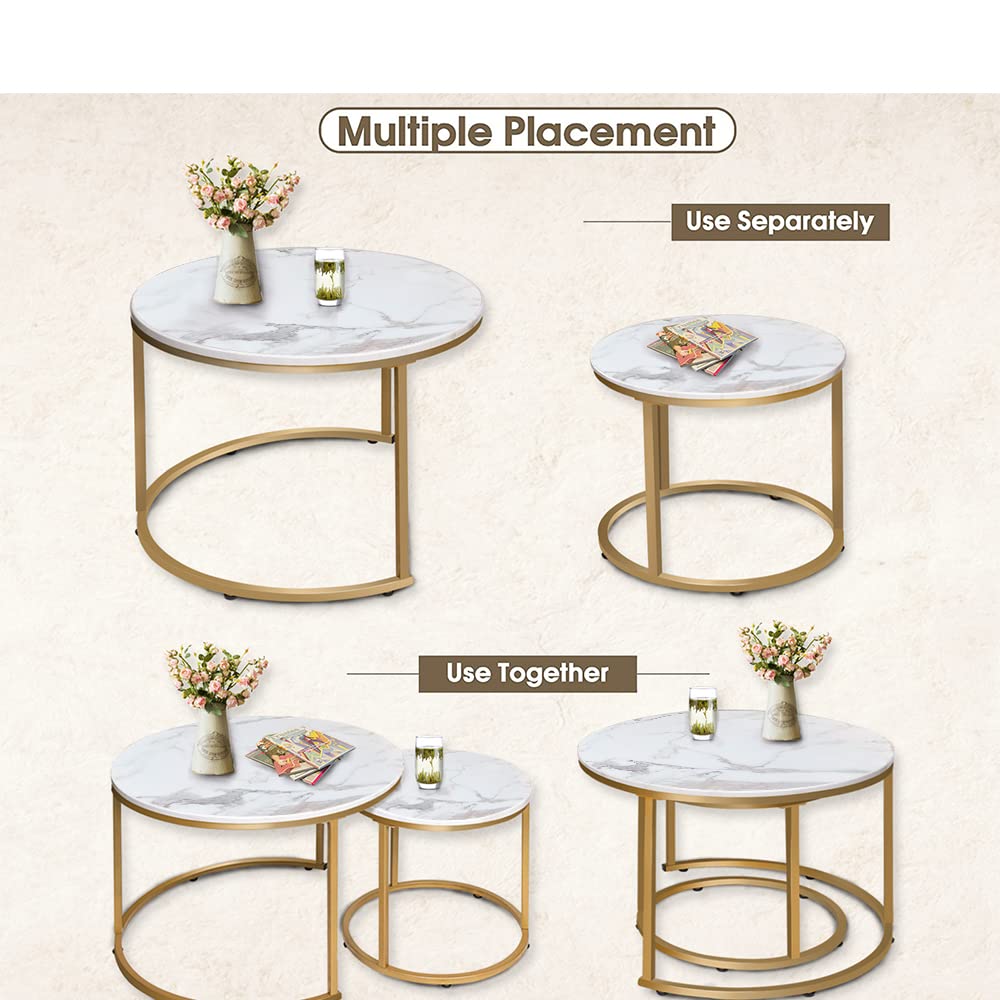 aboxoo Coffee Table Nesting White Set of 2 Side Set Golden Frame Circular Round and Marble Pattern Wooden Tables, Living Room Bedroom Apartment Modern Industrial Simple Nightstand aboxoo