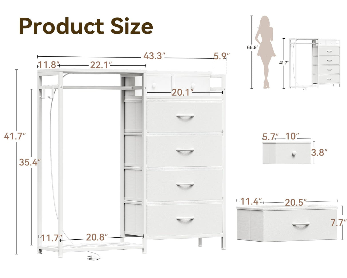KKL 43" W White Dresser for Bedroom with Hanging Rack, Reversible 6 Drawers Dresser with Led Lights & Charging Station, Fabric Closet Dressers & Chest of Drawers with Clothes Rack for Girls, Kids KKL