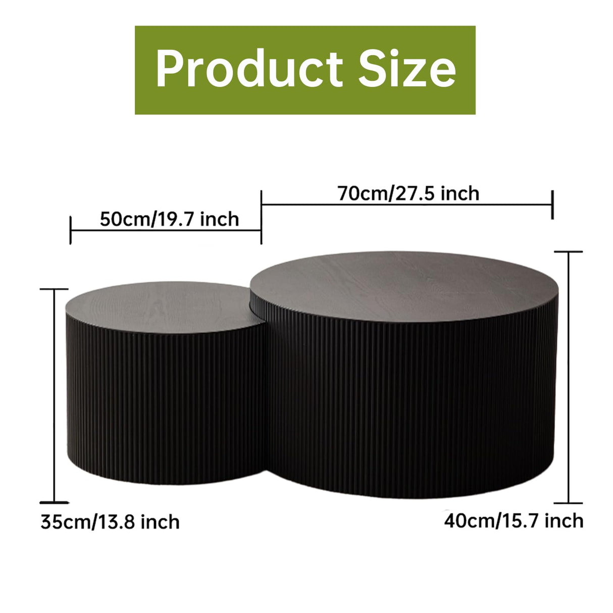 Round Nesting Coffee Table Modern Black Fluted Coffee Table Set of 2 Stripe Round Coffee Tables Drum Crescent Side Table Accent End Table for Living Room (Black B Large) WUPDPQS