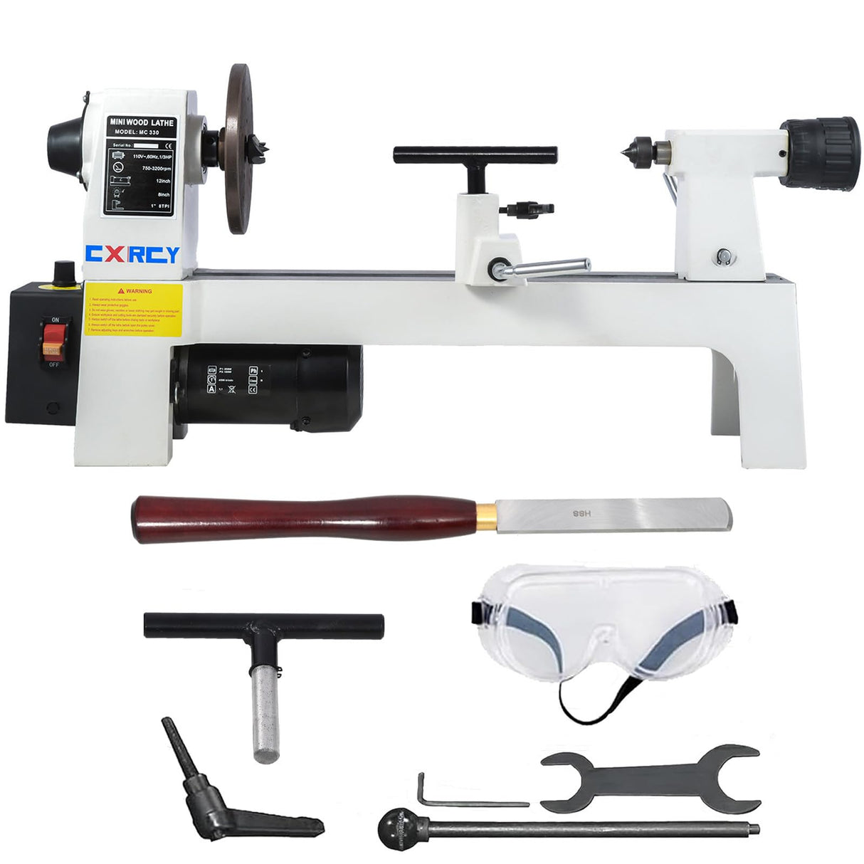 CXRCY Wood Lathe, 8" x 12" Mini Benchtop Wood Lathe Machine 1/3 HP Infinitely Variable Speed 750-3200 RPM with 2 Tool Rests, Lathe Chisel, Goggle for Woodworking, Woodturning CXRCY