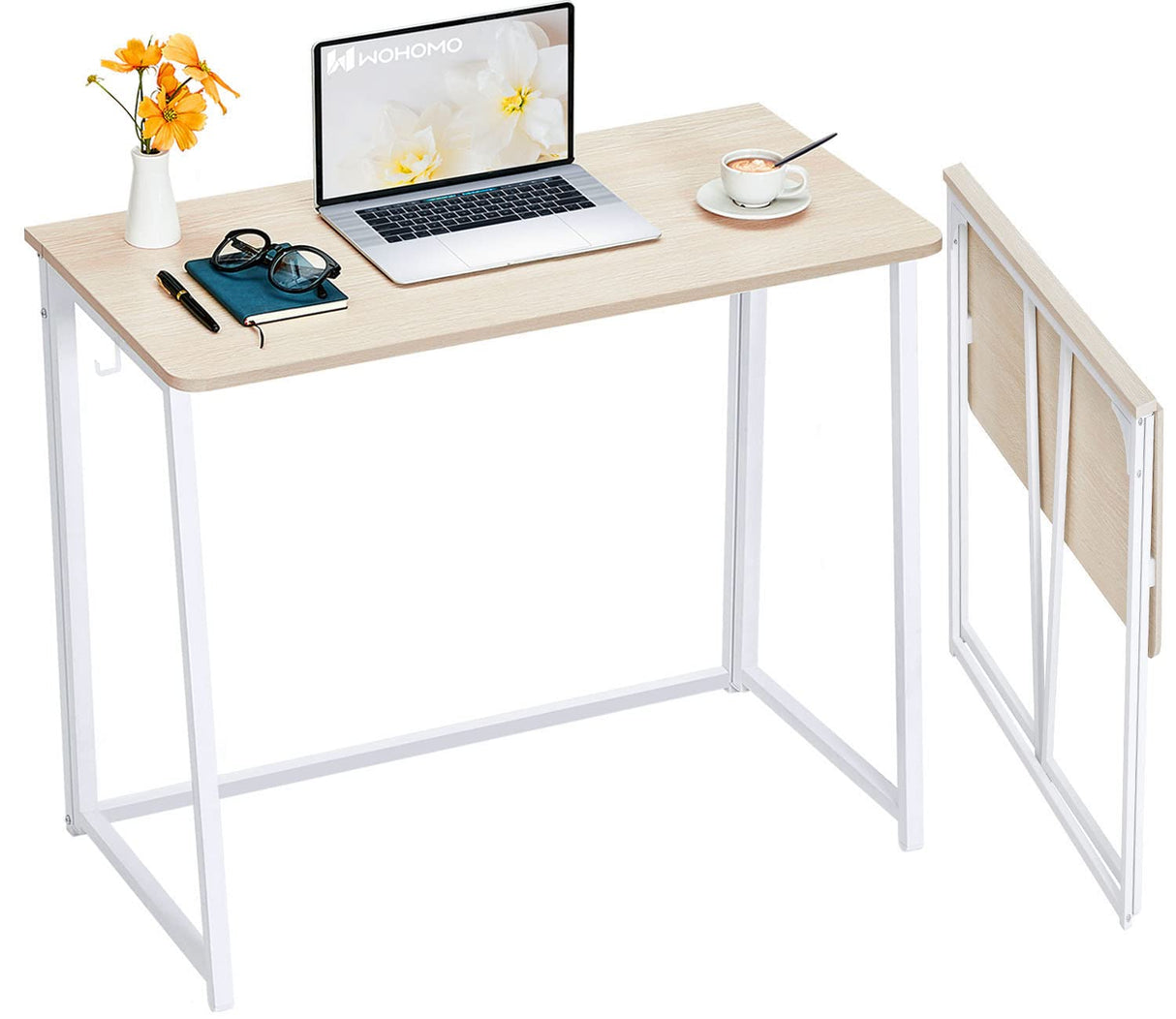 WOHOMO Folding Desk, Small Foldable Desk 31.5" for Small Spaces, Space Saving Computer Table Writing Workstation for Home Office, Easy Assembly, Oak WOHOMO