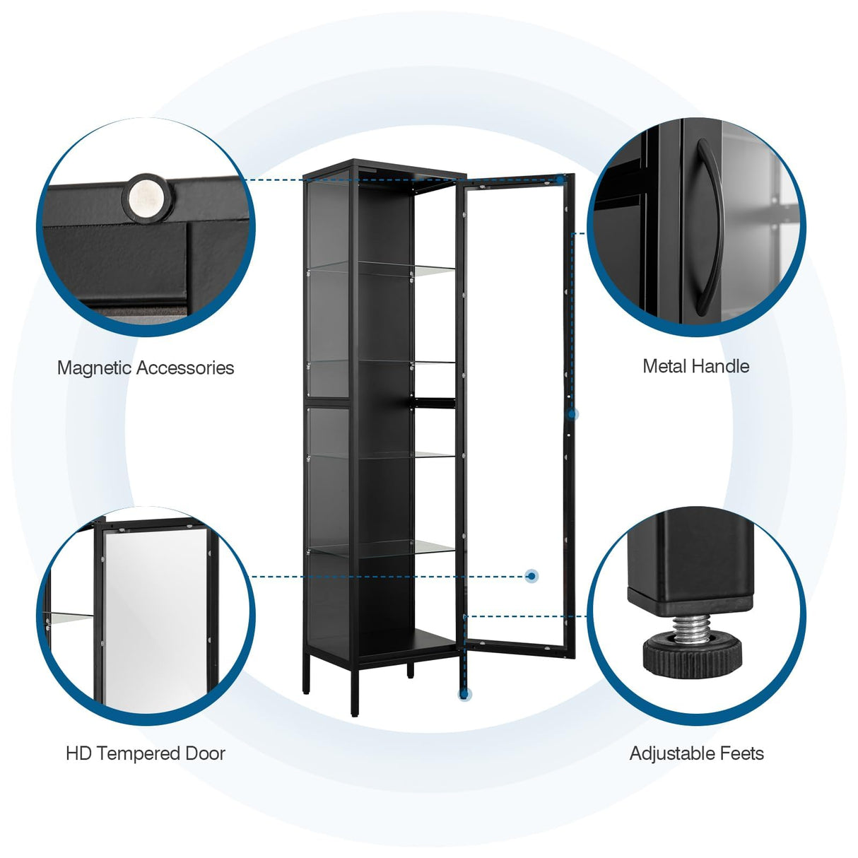 PEUKC Display Storage Cabinet with Glass Doors, 71 Inches Metal Curio Cabinets with 4 Adjustable Shelves, HD&Tempered Glass Cabinet Display Case for Home, Office, Pantry, Assemble Required (Black) PEUKC