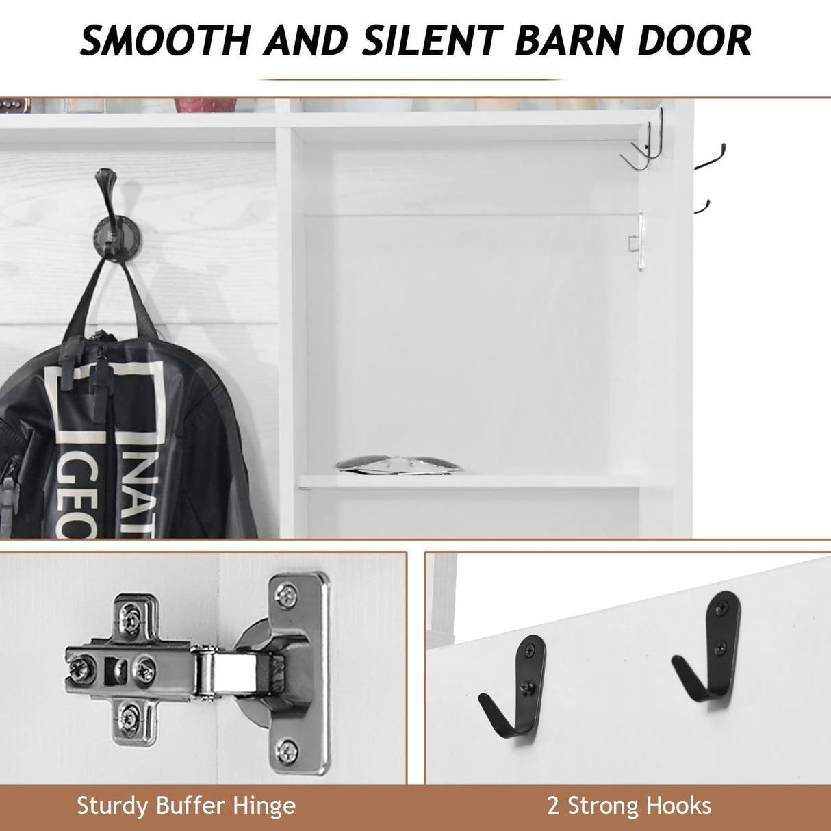 Farmhouse Mudroom Hall Tree with Shoe Storage, 79 Inch Hall Tree with Bench for Entryway, White Entryway Bench with Coat Rack and Barn Door, Adjustable Shoe Cubbies and 3-Tier Cabinet, white 4ever2buy