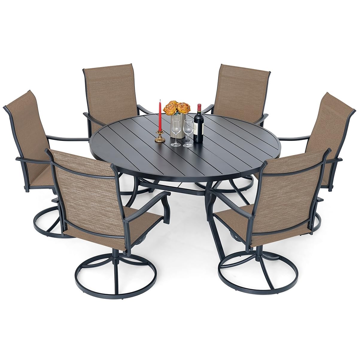 Nixtopia 7 Piece 58" Extra Large Round Patio Dining Table and Swivel Chairs Set with 6 Piece Yellow Sling Armrest Swivel Dining Chairs for 6 Person Nixtopia