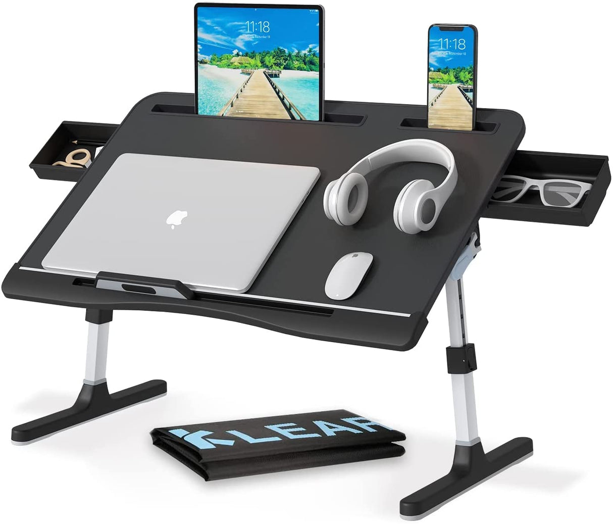 Laptop Desk for Bed, Lap Desks Trays with Double Storage Drawers, Adjustable Premium Leather Laptop Stand with Extra Drawstring Bag, Foldable Lap Table for Eating, Working, Writing and Drawing KLEAR