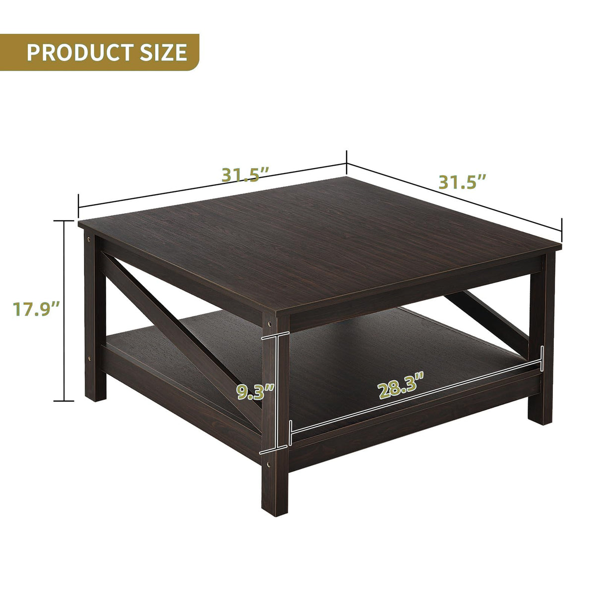 DWVO Coffee Tables with Storage, Farmhouse Coffee Table for Living Room, Square Coffee Table 2-Tier Center Table with Open Storage Shelf, Wood Small Cocktail Table, Espresso DWVO