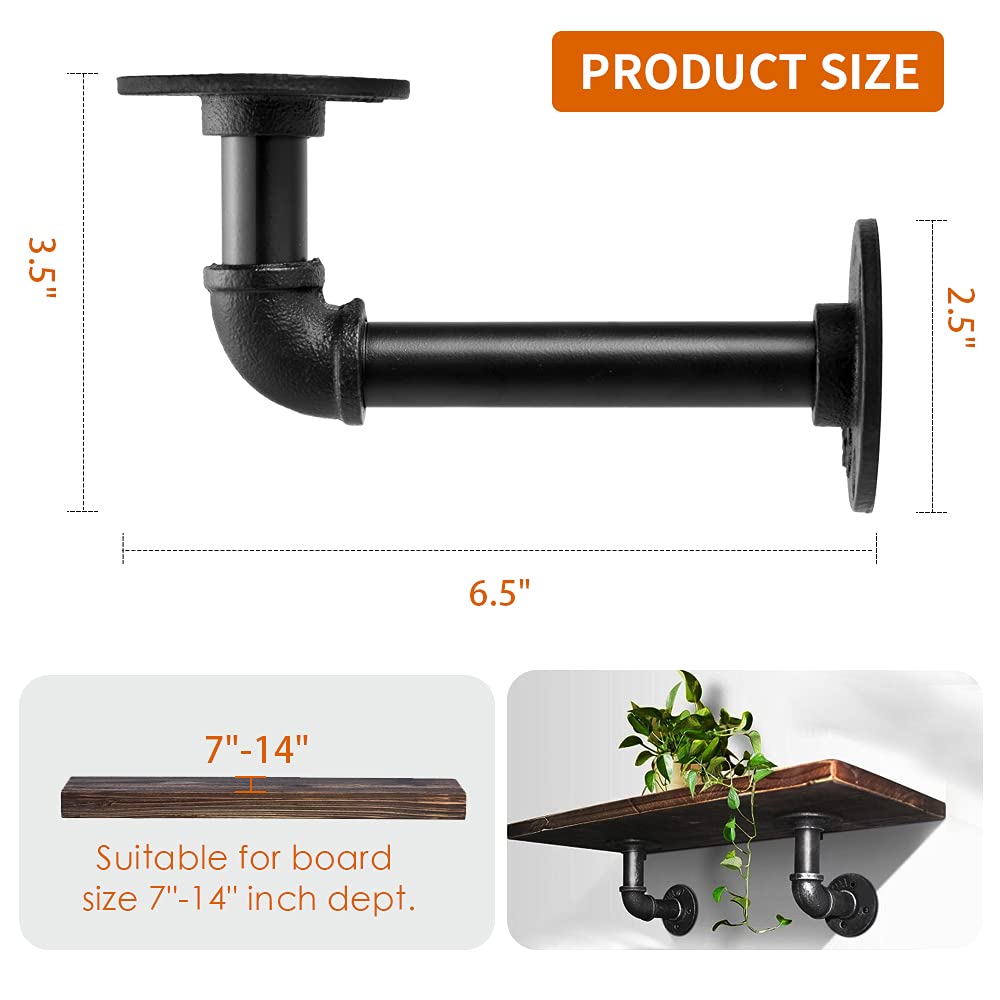 Industrial Pipe Shelf Brackets for 8 10 12 14 inches Board, Iron L Pipe Floating Shelf Bracket Heavy Duty Metal Shelving Brackets for Shelves- 6 Pack Black Janyang