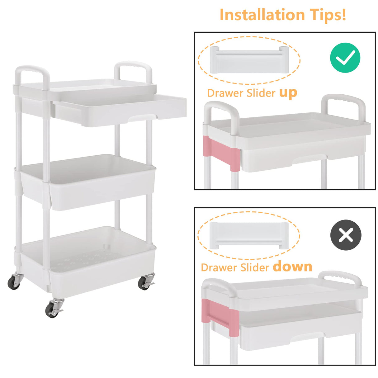 Calmootey 3-Tier Rolling Utility Cart with Drawer,Multifunctional Storage Organizer with Plastic Shelf & Metal Wheels,Storage Cart for Kitchen,Bathroom,Living Room,Office,White Calmootey