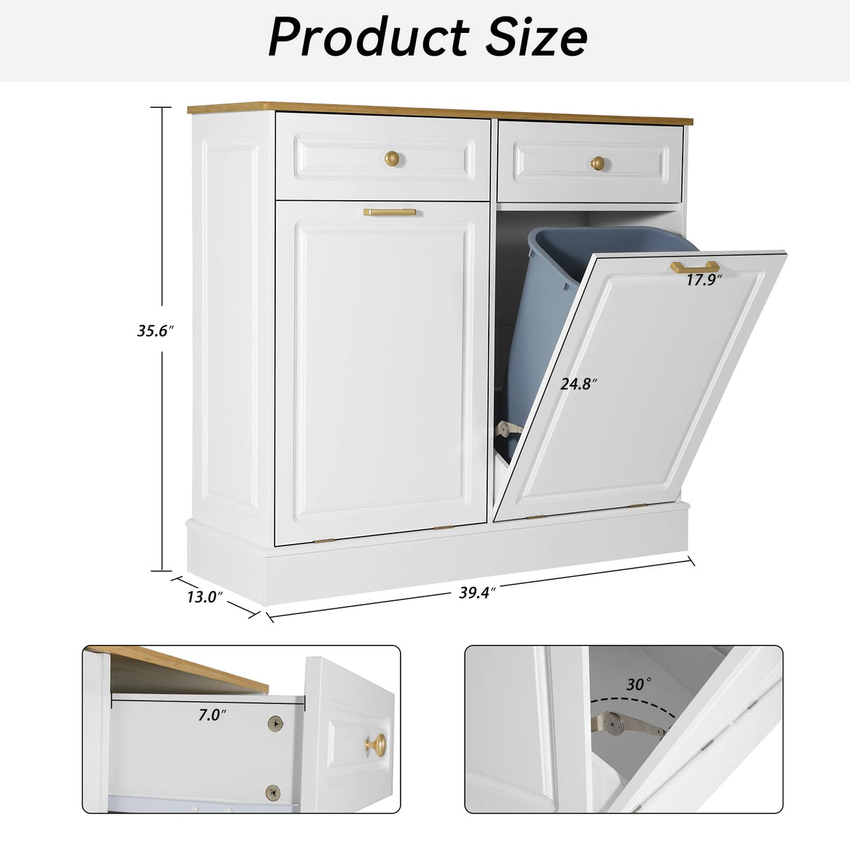 UEV Double Kitchen Trash Cabinets,Two Tilt Out Trash Cabinets with Solid Hideaway Drawers,Free Standing Wooden Kitchen Trash Can Recycling Cabinet Trash Can Holder (White) UEV