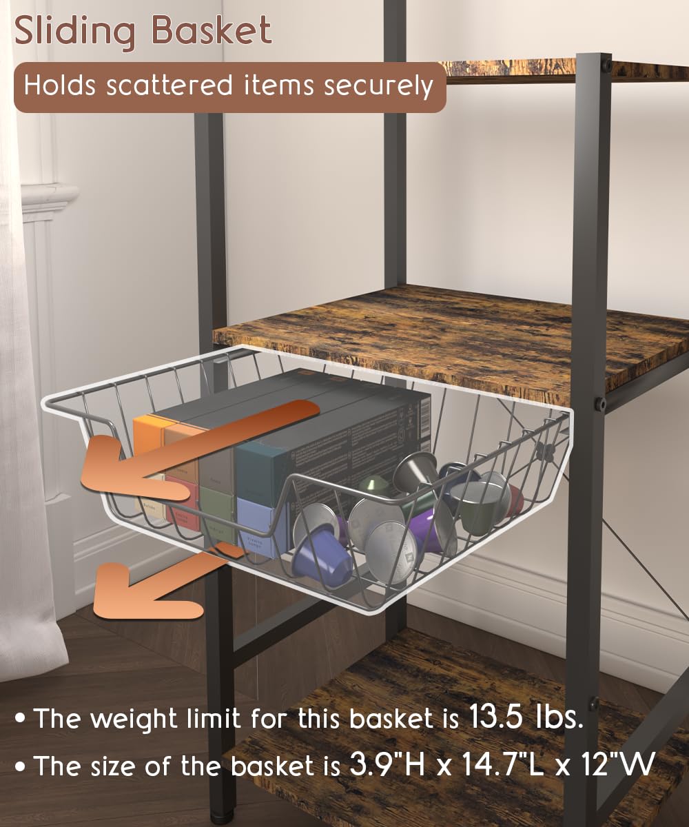 Ansionsol 4 Tier Coffee Bar Station, Corner Bakers Rack with 5 Hooks & Wire Basket, Coffee Maker Stand for Small Space, Kitchen Storage Shelf for Entryway, Living Room, Café, Black, 16.5"x13"x47.8" Ansionsol