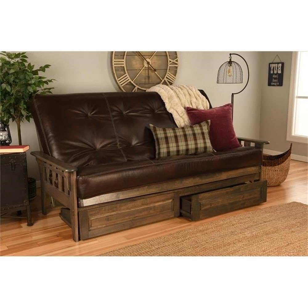 Kodiak Tucson Queen Futon Frame with Storage Drawers - Wood Futon Set with Mattress Included in Java Brown Faux Leather Mattress Kodiak Furniture